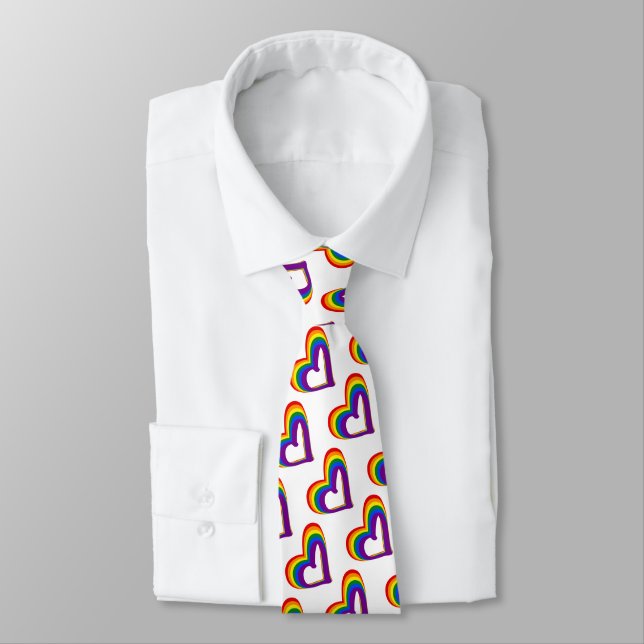 Cute LGBT Rainbow Flag Hearts Pattern Gay Pride Tie (Tied)