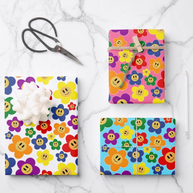 Cute LGBT Rainbow Flower Pattern Wrapping Paper Sheet (Front)