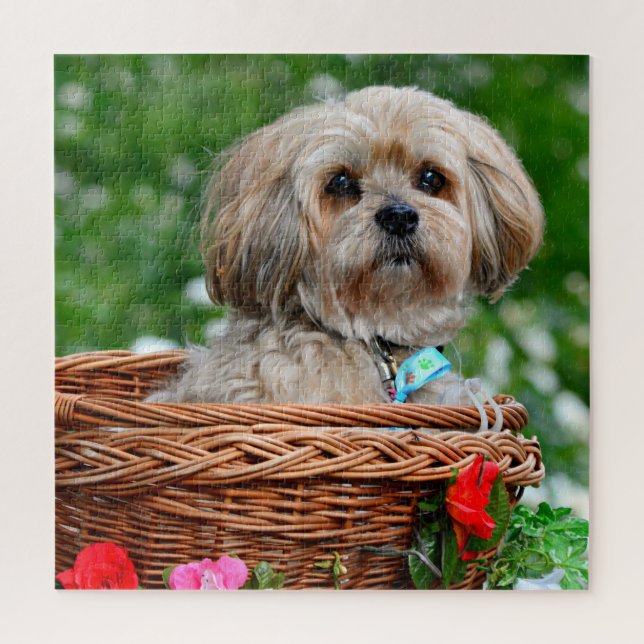 Cute Lhasa Apso Dog in Basket Puzzle (Vertical)