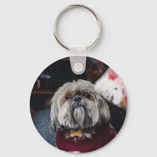 Cute lhasa apso puppy at Christmas b Key Ring