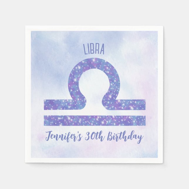 Cute Libra Sign Custom Purple Birthday Party Napkin (Front)