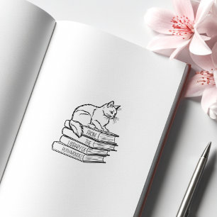 Cute Library Cat, Custom Bookplate Rubber Stamp