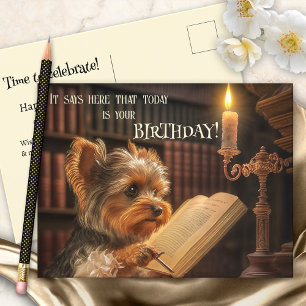 Cute Library Yorkshire Dog Birthday Postcard