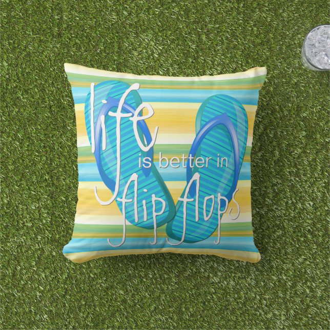Cute Life Is Better In Flipflops Stripes Pattern Outdoor Cushion (Grass)
