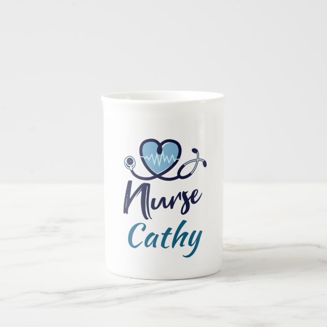 Cute Life Line  Nurse Blue Heart Personalise  Bone China Mug (Front)