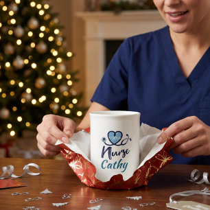 Cute Life Line Nurse Blue Heart Personalise Bone China Mug