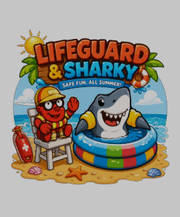 Cute Lifeguard & Sharky Summer Fun Cartoon
