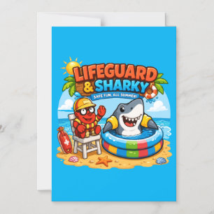 Cute Lifeguard & Sharky Summer Fun Cartoon Magnetic Invitation