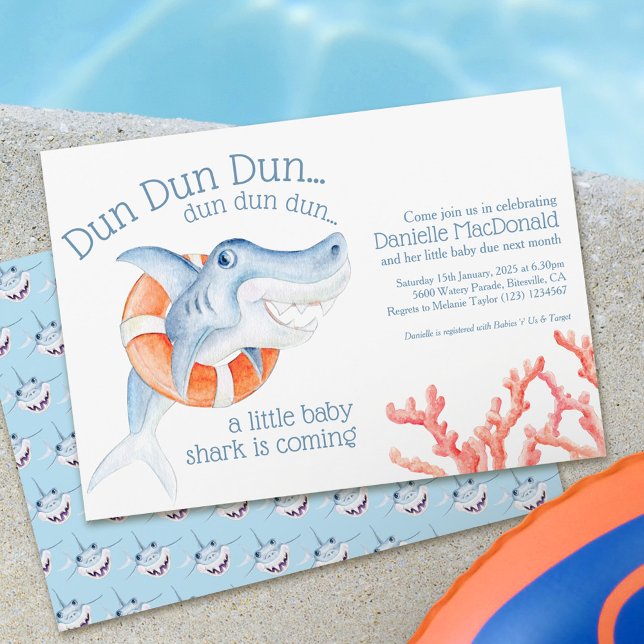 Cute lifesaver shark watercolor baby shower invitation (Creator Uploaded)