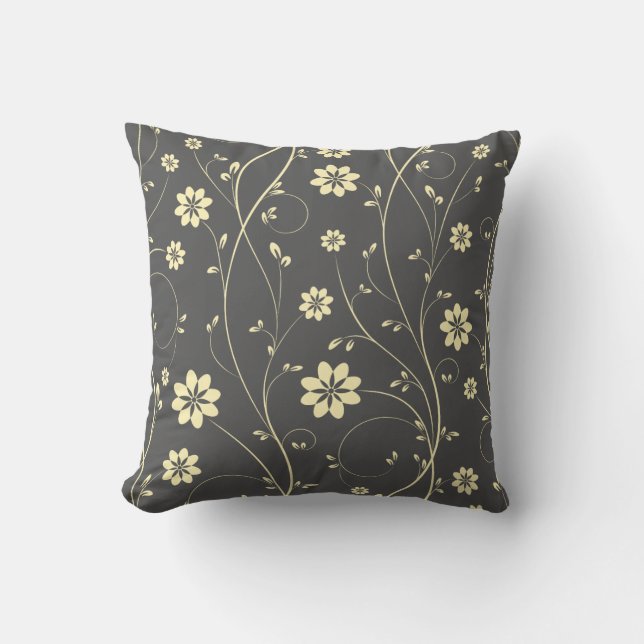 Cute Light Beige & Grey Delicate Floral Pattern Cushion (Front)