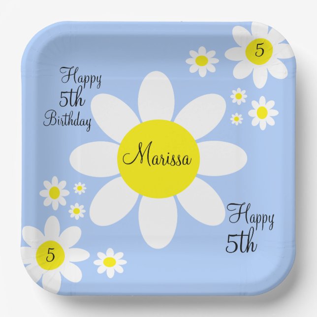 Cute Light Blue and White Floral 5th Birthday Paper Plate (Front)