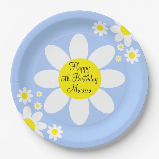Cute Light Blue and White Floral 5th Birthday Paper Plate (Front)