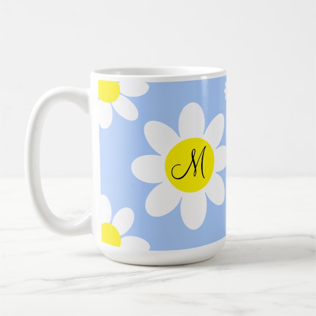 Cute Light Blue and White Floral Custom Initials Coffee Mug (Left)