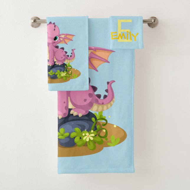 Cute Light Blue Baby Dinosaur Monogram Name Baby Bath Towel Set (Insitu)