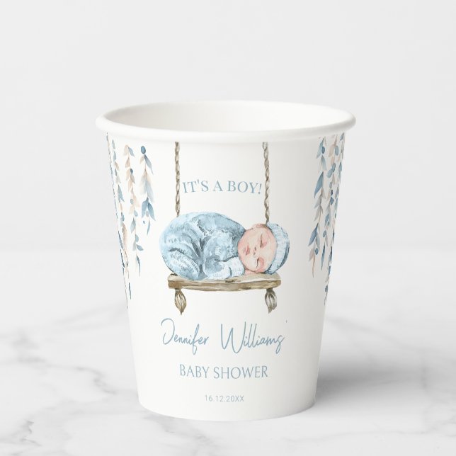 Cute light blue boho baby boy shower paper cups (Front)