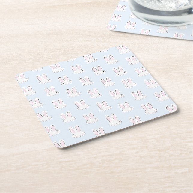 Cute Light blue bunny rabbit fun modern pattern Square Paper Coaster (Angled)