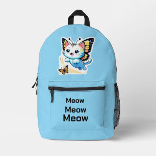Cute Light Blue Cat Butterfly Meow Printed Backpack