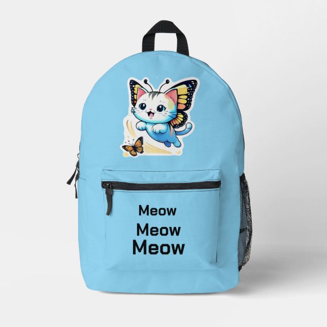 Cute Light Blue Cat Butterfly Meow Printed Backpack (Front)
