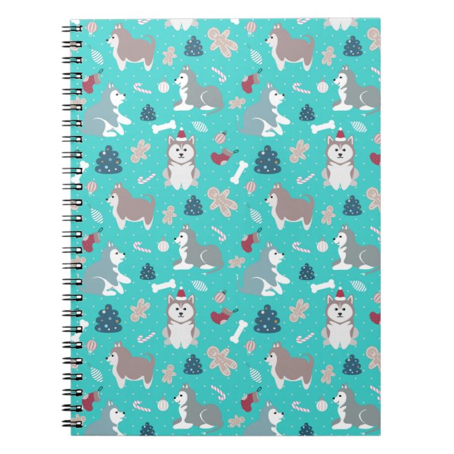 Cute Light Blue Christmas Husky Dog Notebook (Front)