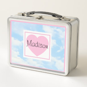 Cute Light Blue Cloudy Sky Pink Heart Custom Name Metal Lunch Box