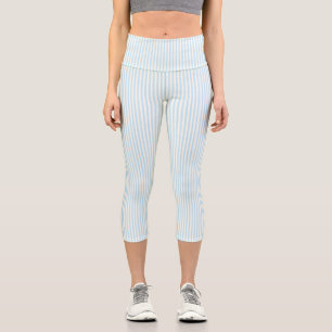 Cute light blue & ivory vertical stripes pattern capri leggings