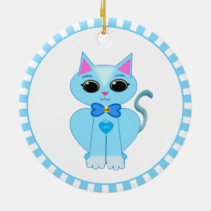 Cute light blue kitty cat & blue rays ceramic ornament