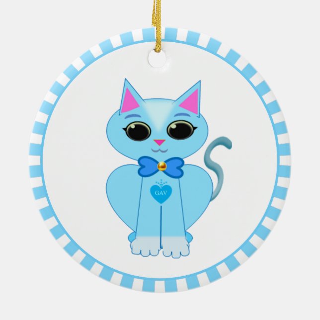 Cute light blue kitty cat & blue rays ceramic ornament (Back)