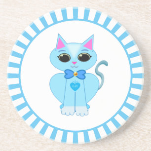 Cute light blue kitty cat cartoon & rays coaster