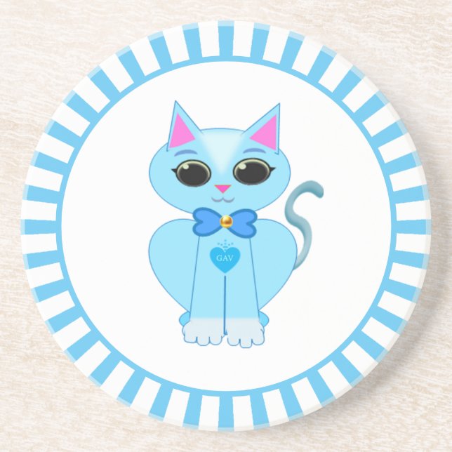 Cute light blue kitty cat cartoon & rays coaster (Front)