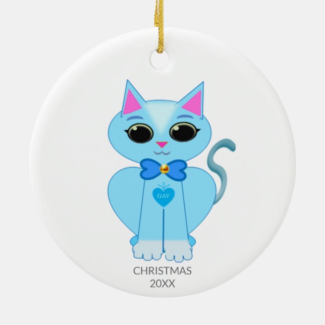 Cute light blue kitty cat & text ceramic ornament (Back)
