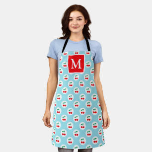 Cute Light Blue & Red Summer Cherries Monogram Apron