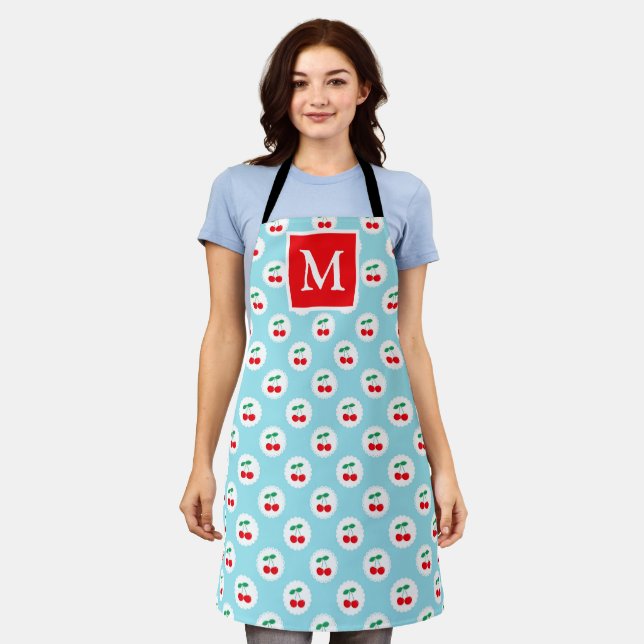 Cute Light Blue & Red Summer Cherries Monogram Apron (Worn)