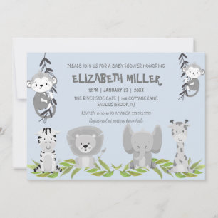 Cute Light Blue Safari Animals Boy Baby Shower Invitation