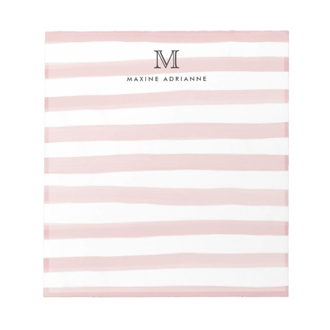 Cute Light Blush Pink  Watercolor Stripes Monogram Notepad (Front)