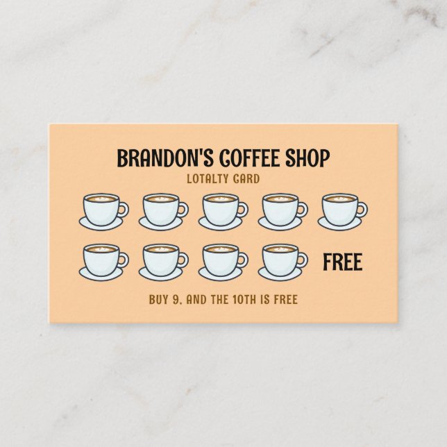 Cute Light Brown Illustration Coffee Shop Loyalty Card (Front)