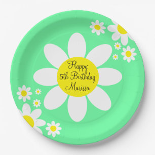 Cute Light Green and White Floral 5th Birthday Paper Plate