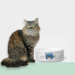 Cute Light Grey Cool Cat Ceramic Pet Bowl