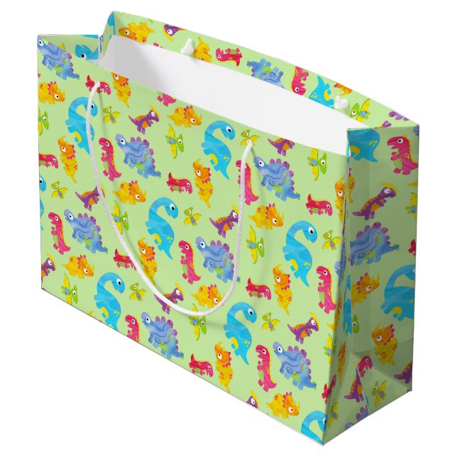 Cute Light Pastel Green Baby Dinosaur Birthday Large Gift Bag (Back Angled)