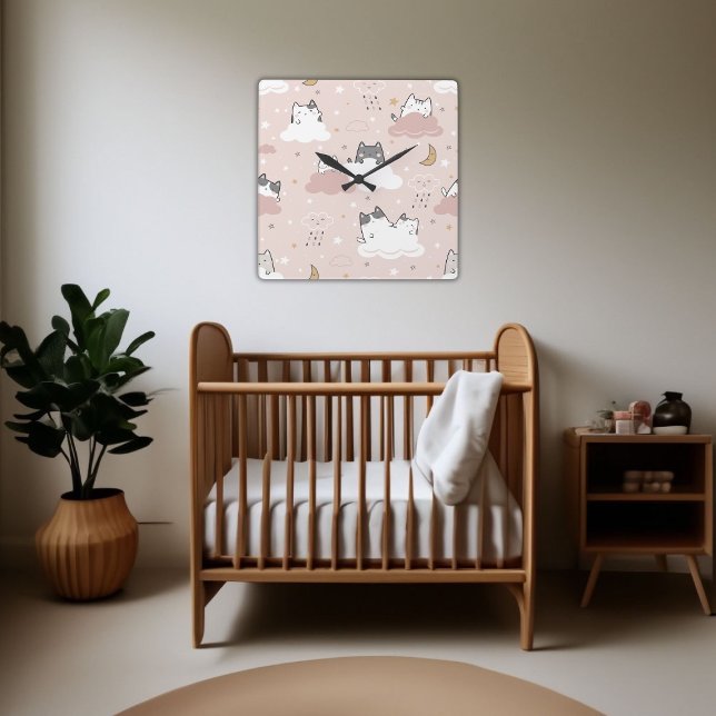 Cute Light Pink Kitten Pattern Square Wall Clock (Gentle Cute Pink Pattern Kitten Cloud Square Wall Clock)