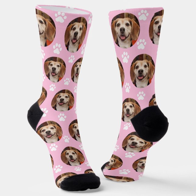Cute Light Pink Pet Photo & Paw Prints Dog Cat Socks (Angled)