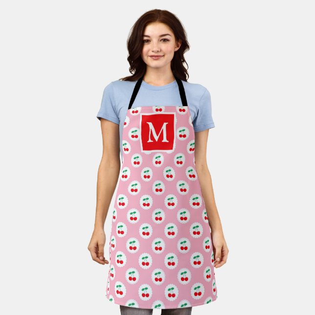 Cute Light Pink & Red Summer Cherries Monogram Apron (Worn)