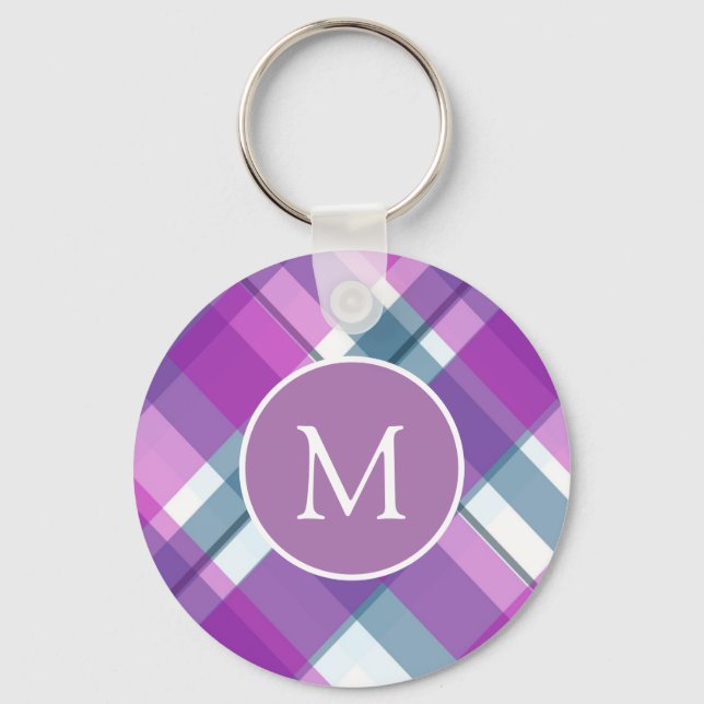 Cute Light Purple Plaid Monogram Keychain (Front)