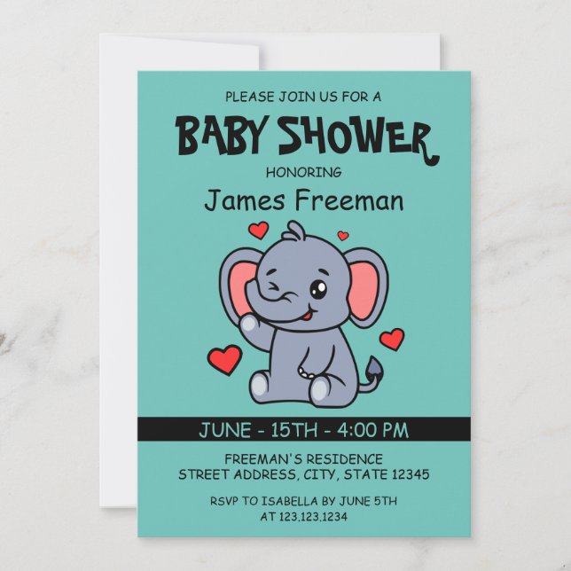 Cute Light Teal Vector Boy Elephant Baby Shower Invitation (Front)