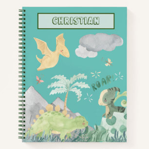 Cute Light Teal Watercolor Dinosaur Notebook