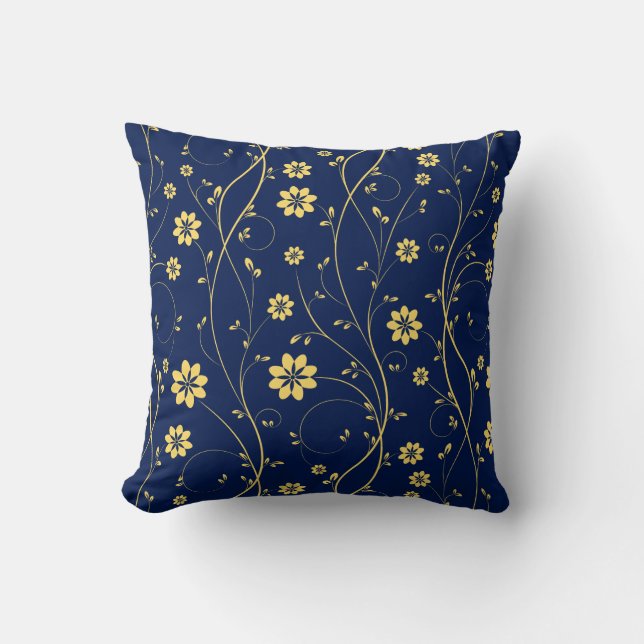 Cute Light Yellow & Blue Delicate Floral Pattern Cushion (Front)