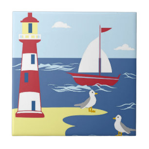 Cute Lighthouse and Boat Seaside Art Ceramic Tile