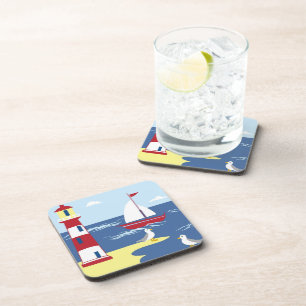Cute Lighthouse and Boat Seaside Art Coaster