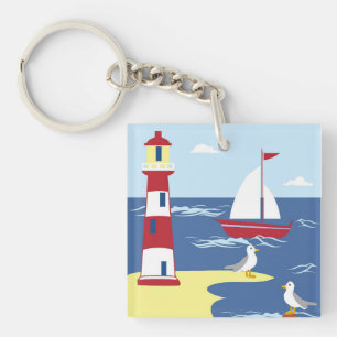 Cute Lighthouse and Boat Seaside Art Key Ring