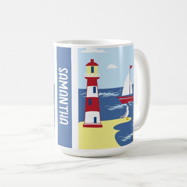 Cute Lighthouse and Boat Seaside Art Personalised Coffee Mug (Front Right)