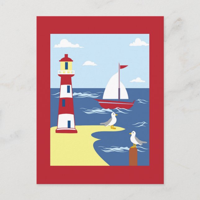 Cute Lighthouse and Boat Seaside Art Postcard (Front)